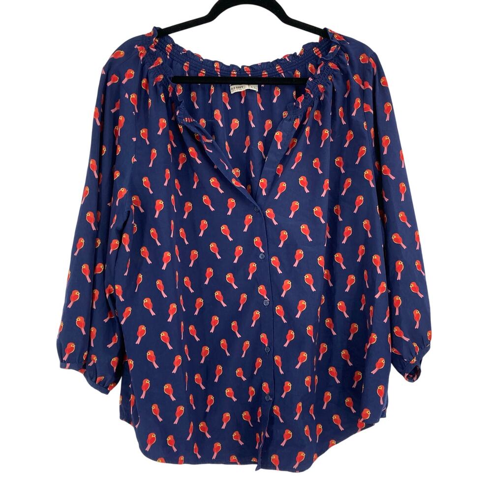 Old Navy Bird Print Ruffle Collar Blouse Blue Red Ballon Sleeve Women’s 2XL